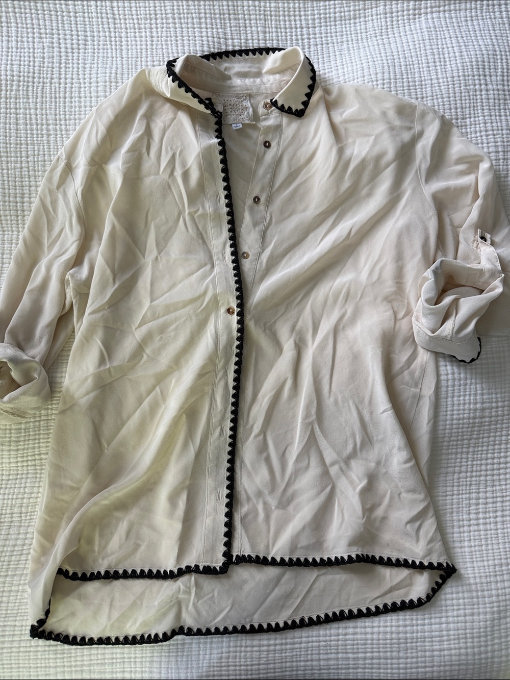 Johnny Was Cream Button-Up Blouse with Black Trim